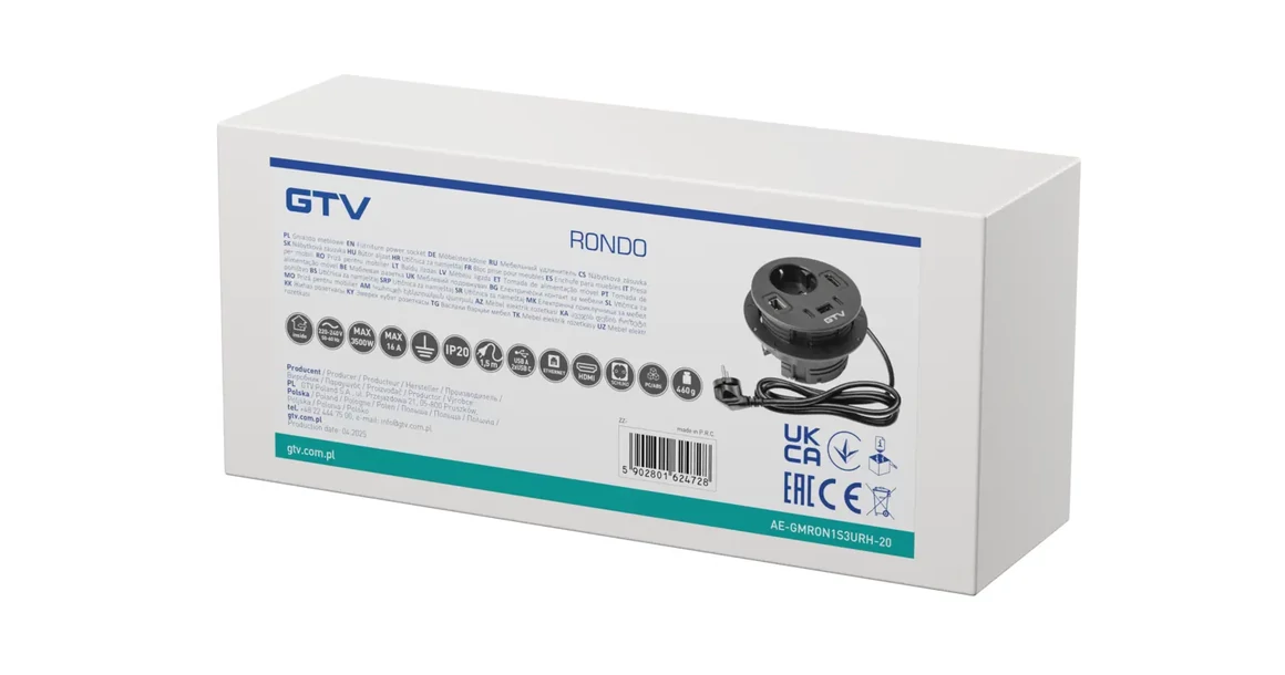 Kép 8/8 - Konnektor, pultba szerelhető, 1x dugalj, 1x USB A, 2xUSB C, RJ45; HDMI; 1,5fm kábellel, fekete RONDO