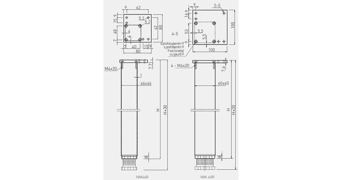 Kép 3/3 - Asztalláb alumínium kocka 60R,  820mm, alu elox