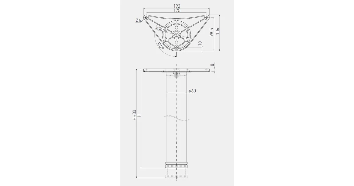 Kép 2/2 - Asztalláb,  710mm, NM-60, szürke