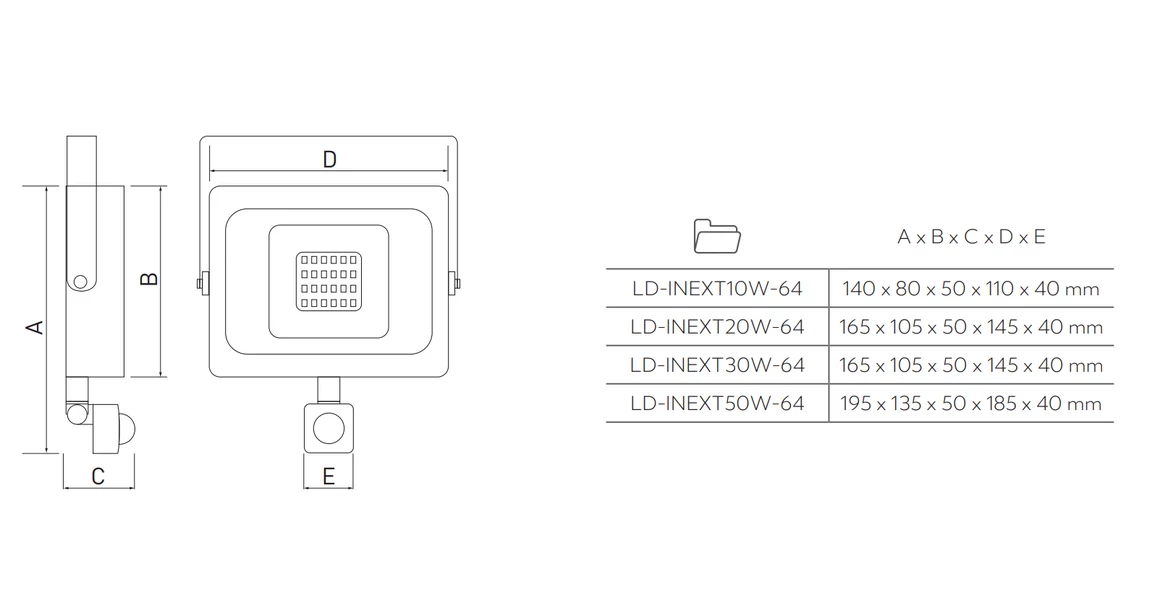 Kép 12/12 - LED reflektor iNEXT mozgásérzékelővel 20W 1600lm, PF>0,9, RA>80, IP65, 120°, 6400K, fekete