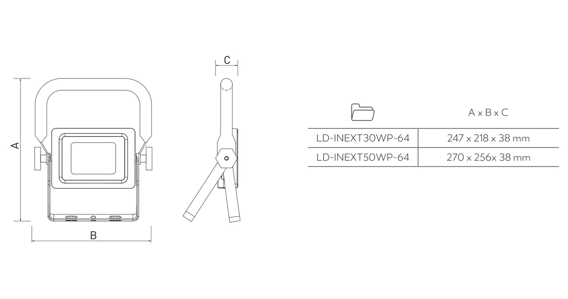 Kép 7/7 - LED reflektor iNEXT (hordozható) 50W 4000lm, PF>0,9, RA>80, IP65, 120°, 6400K, fekete