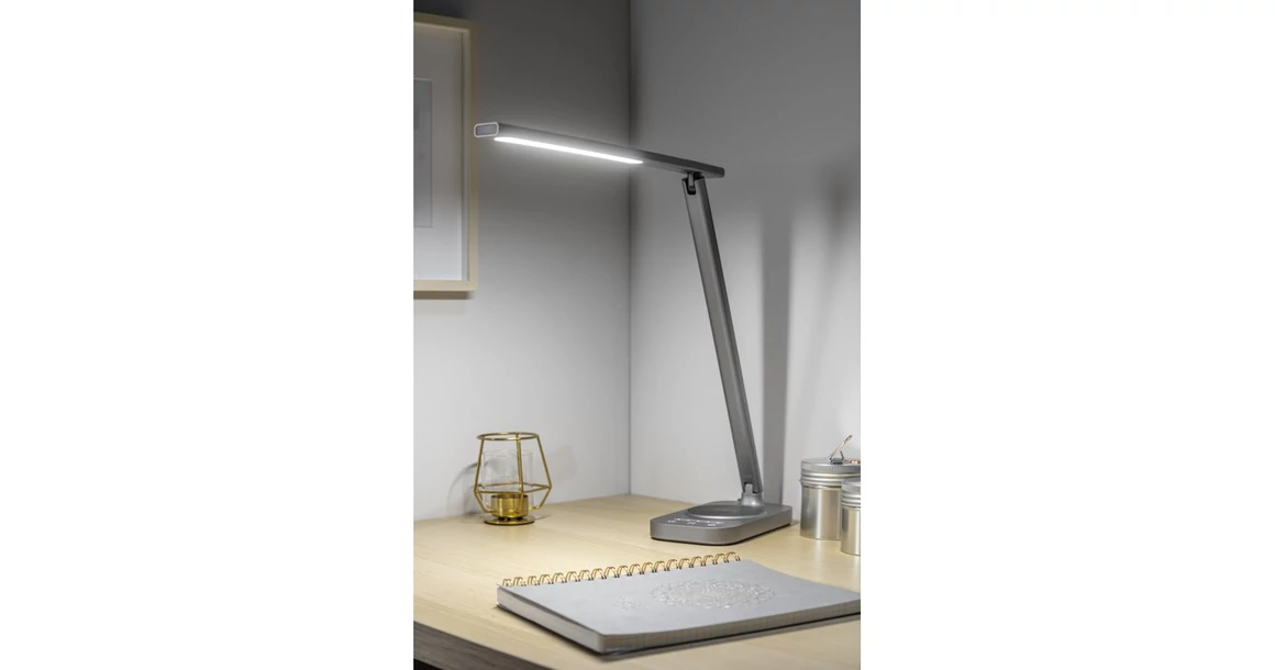 Kép 2/9 - Lámpa Asztali BRESSI 8W, 450lm, AC220-240V, 3-CCT, Wireless töltő, USB, PF>0,5, RA>80, szürke