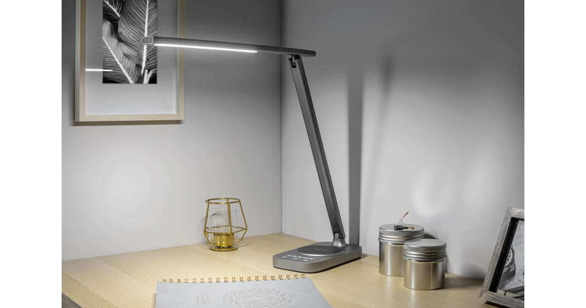 Kép 3/9 - Lámpa Asztali BRESSI 8W, 450lm, AC220-240V, 3-CCT, Wireless töltő, USB, PF>0,5, RA>80, szürke