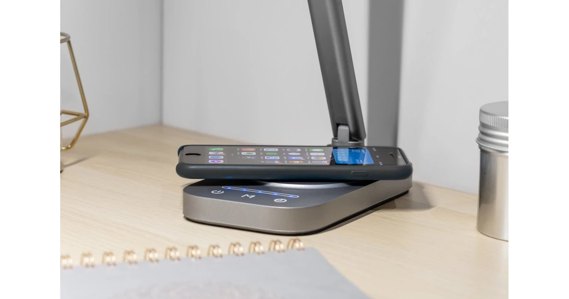 Kép 4/9 - Lámpa Asztali BRESSI 8W, 450lm, AC220-240V, 3-CCT, Wireless töltő, USB, PF>0,5, RA>80, szürke