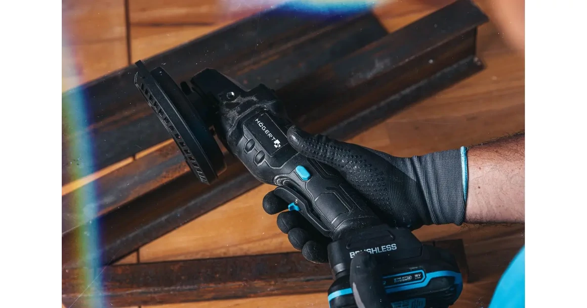 Kép 2/5 - Högert HT2E232-0AG sarokcsiszoló, biztonsági lapátkapcsolóval 18V, 125mm, dobozban