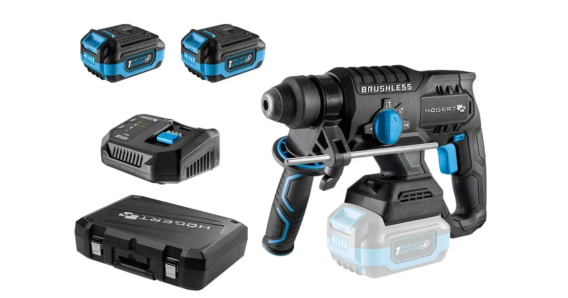 Kép 8/11 - Högert HT2E249-B24CH fúró-vésőkalapács szett, 18V, 2,2J, SDS+, 2db 4Ah akkuval, töltővel, kofferben