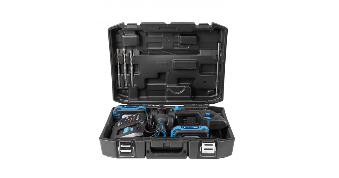 Kép 9/11 - Högert HT2E249-B24CH fúró-vésőkalapács szett, 18V, 2,2J, SDS+, 2db 4Ah akkuval, töltővel, kofferben