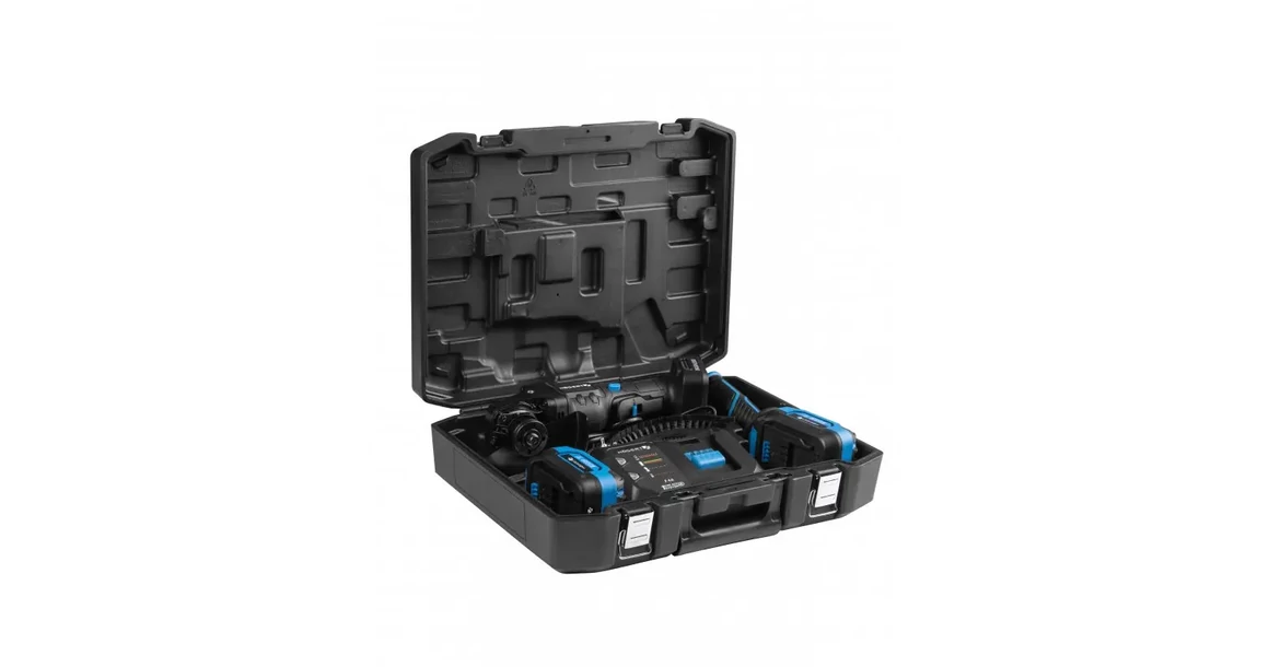 Kép 8/9 - Högert HT2E251-B24AG sarokcsiszoló, biztonsági lapátkapcsolóval szett, 18V, 125mm,2 db 4 Ah akkuval, töltővel kofferben