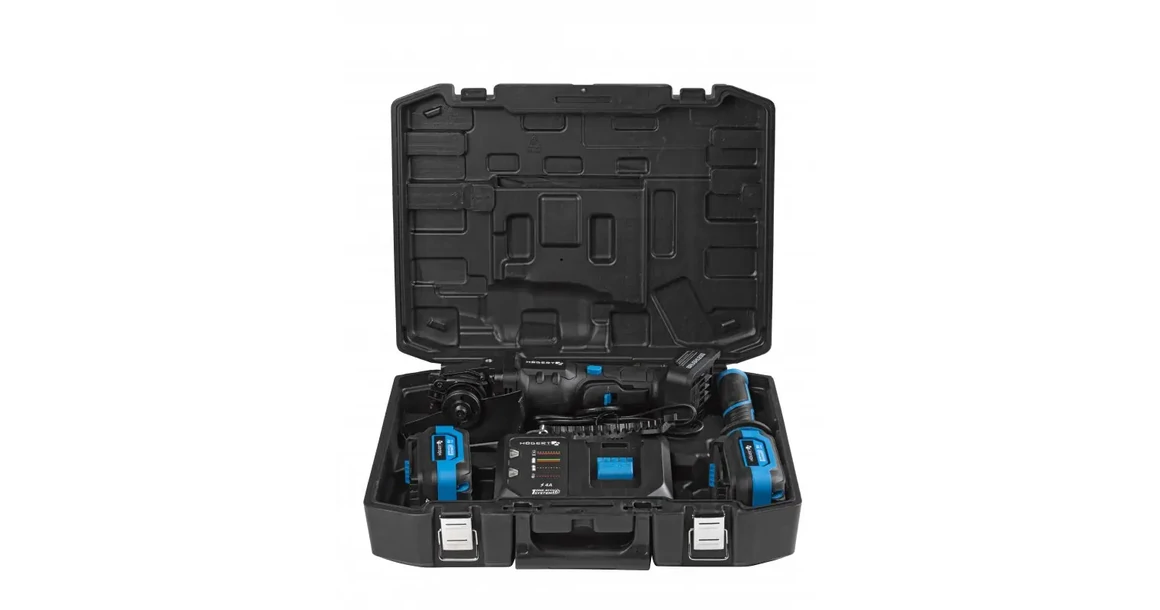 Kép 9/9 - Högert HT2E251-B24AG sarokcsiszoló, biztonsági lapátkapcsolóval szett, 18V, 125mm,2 db 4 Ah akkuval, töltővel kofferben