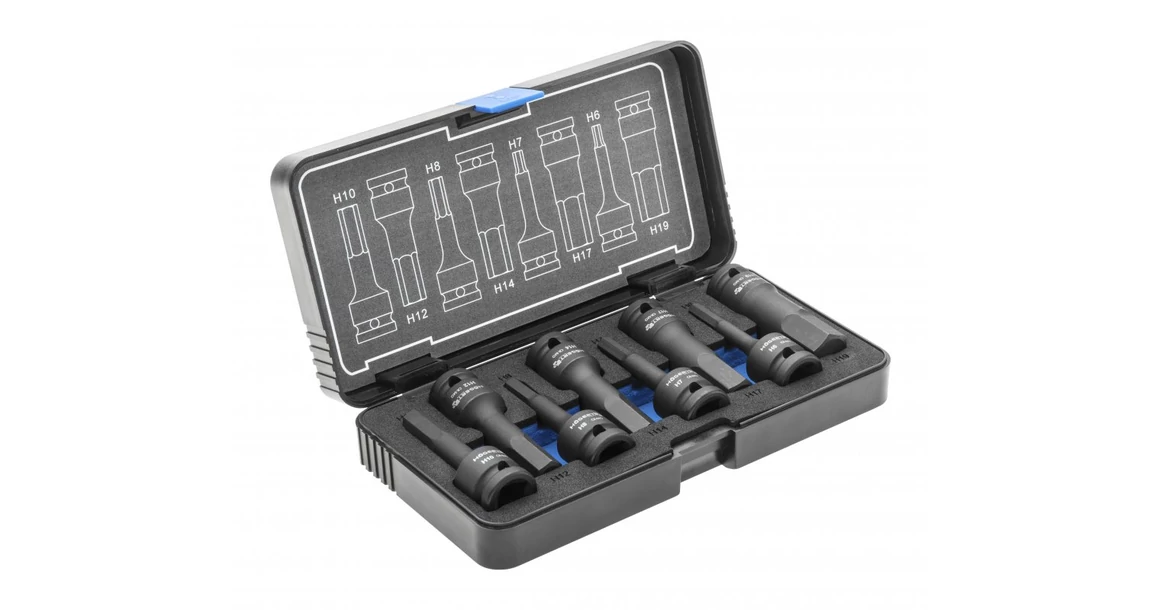 Kép 1/2 - Szerszám Högert Pneumatikus bit kulcs szett,  hex,  8db-os, 1/2", H6 - H19, CrMo, tárolóban