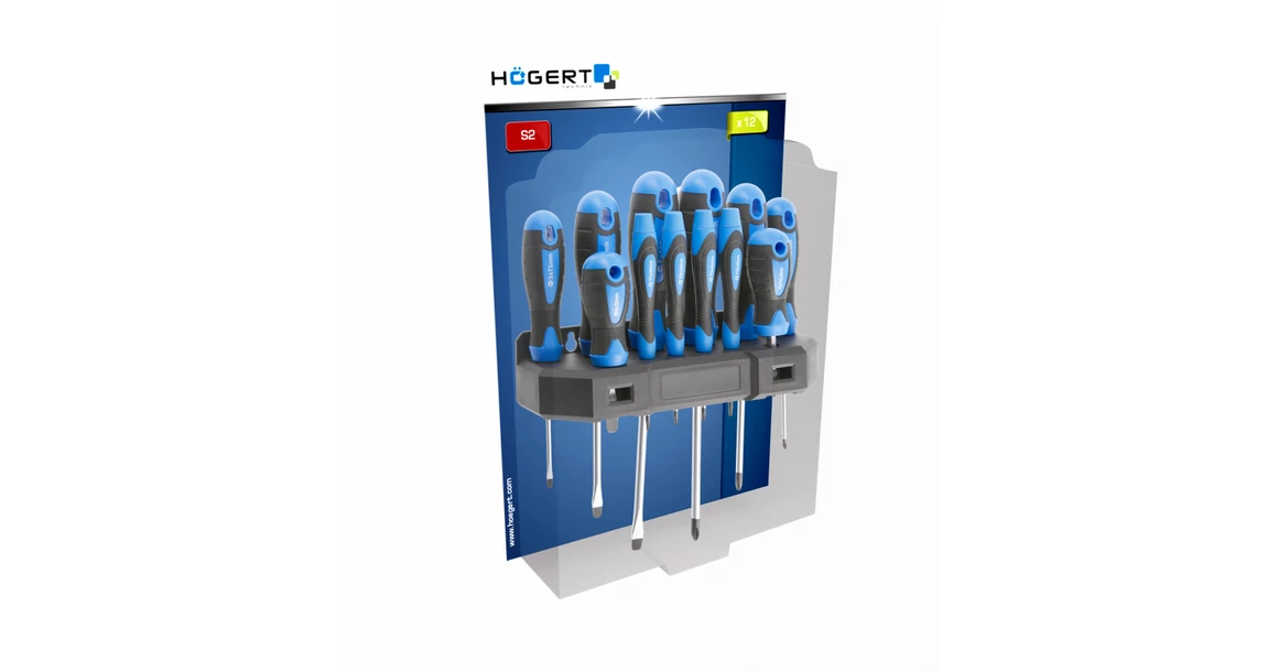 Kép 2/2 - Szerszám Högert Csavarhúzó szett,  12db-os, Crv, SL2, SL2,5, SL3, SL5, SL6, PH00, PH0, PH1, PH2, állvánnyal