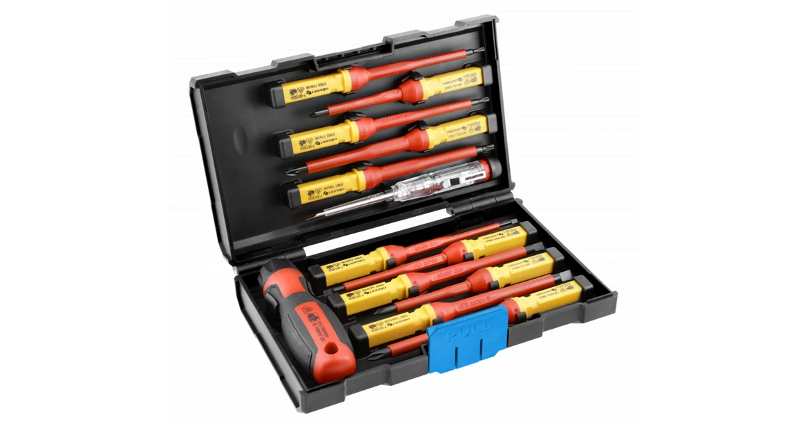 Kép 1/4 - Szerszám Högert Csavarhúzó szett,  13db-os, szigetelt 1000V, CrMo, extra markolattal, fázisceruzával, tárolóban