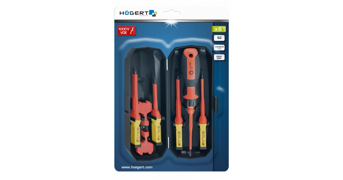 Kép 2/2 - Szerszám Högert Csavarhúzó szett,  8db-os, szigetelt 1000V, CrMo, kapcsolószekrény kulcsokkal, tárolóban