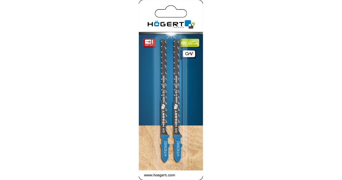 Kép 2/2 - Szerszám Högert Dekopír fűrészlap,  95/115mm, fa, Crv, 8/11 TPI, 2db/csomag, íves vágáshoz, max 60mm