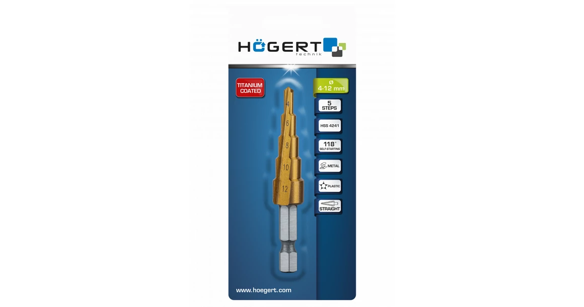 Kép 2/2 - Szerszám Högert Fúrószár lépcsős,  4-12mm, 1/4", titán