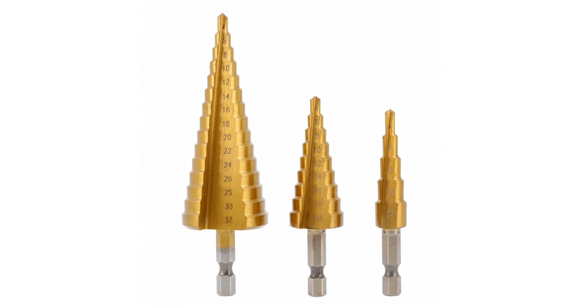 Kép 1/2 - Szerszám Högert Fúrószár lépcsős szett, 3db-os,  4-12/20/32mm, 1/4", titán