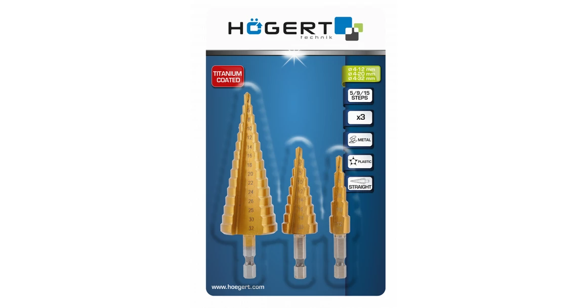 Kép 2/2 - Szerszám Högert Fúrószár lépcsős szett, 3db-os,  4-12/20/32mm, 1/4", titán