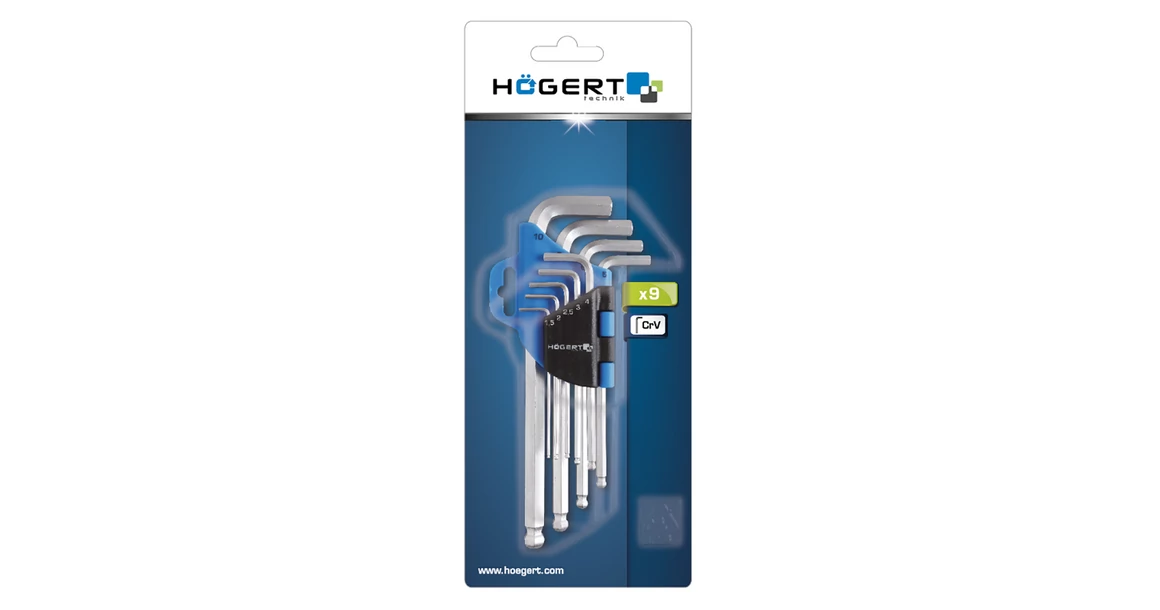 Kép 2/2 - Szerszám Högert Imbusz kulcs szett, 9db-os, HEX, 1,5, 2, 2,5, 3, 4, 5, 6, 8, 10, CrV, hosszú, gömb véggel