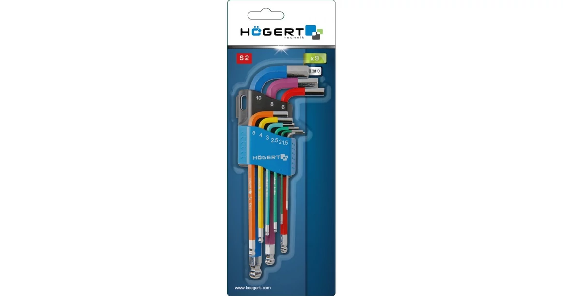 Kép 2/2 - Szerszám Högert Imbusz kulcs szett, 9db-os, HEX, 1,5, 2, 2,5, 3, 4, 5, 6, 8, 10, CrV, hosszú, gömb véggel, színkódos