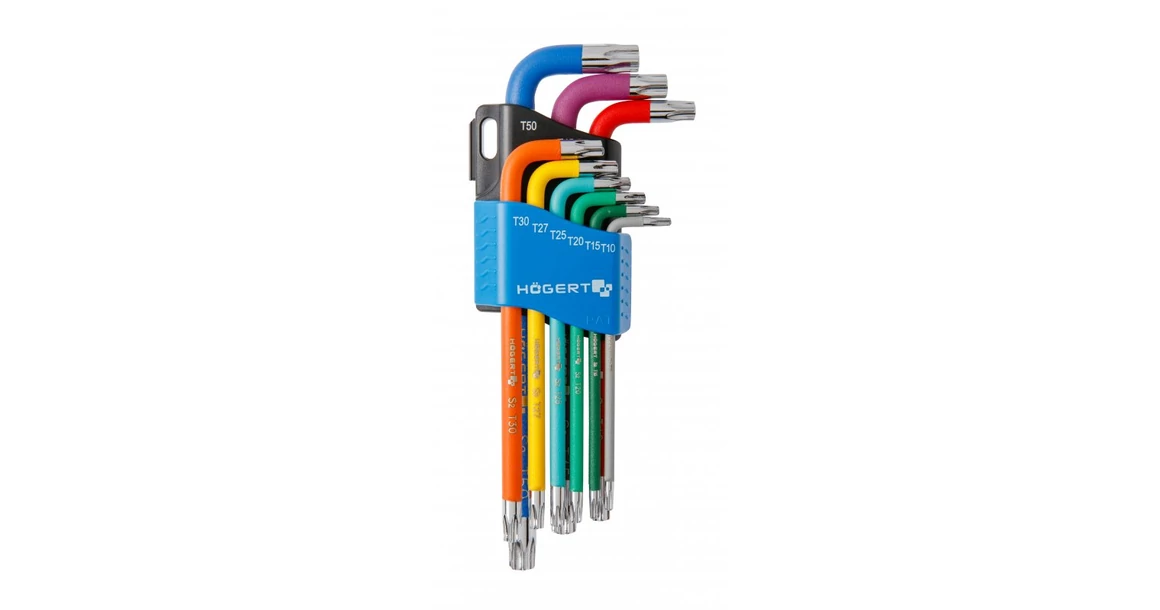 Kép 1/2 - Szerszám Högert Imbusz kulcs szett, 9db-os, TORX, T10, T15, T20, T25, T27, T30, T40, T45, T50, CrV, hosszú, színkódos