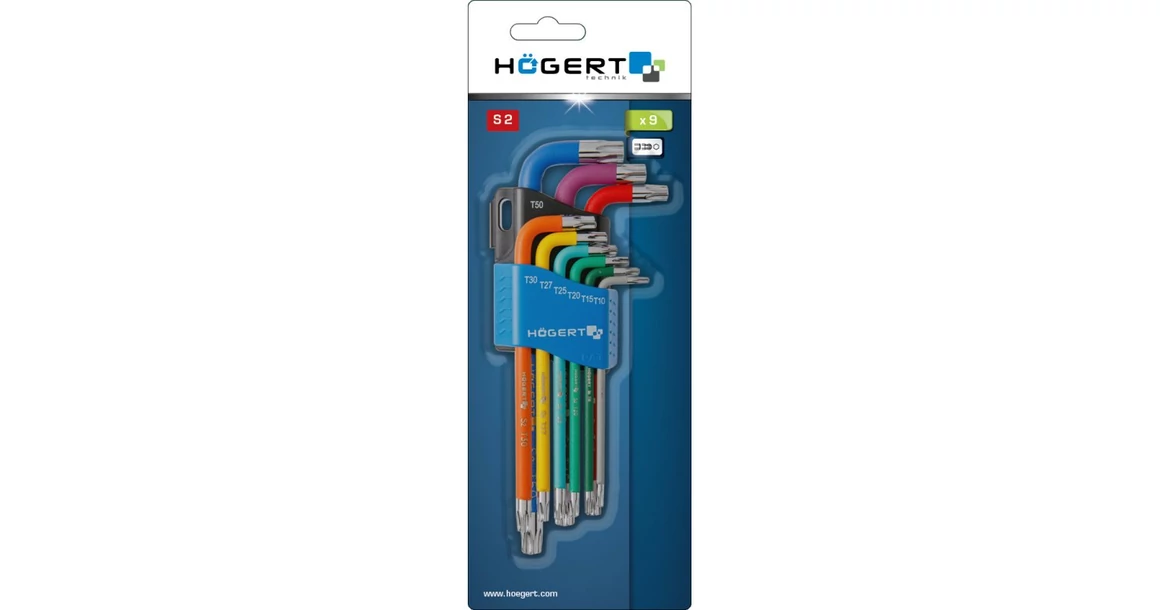 Kép 2/2 - Szerszám Högert Imbusz kulcs szett, 9db-os, TORX, T10, T15, T20, T25, T27, T30, T40, T45, T50, CrV, hosszú, színkódos