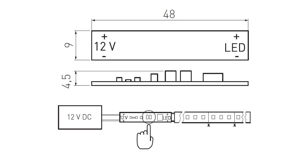 Kép 2/2 - Kapcsoló, érintés mentes, LED szalaghoz, 12V, Max 60W, 2fm kábellel