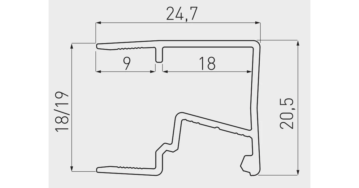 Kép 6/6 - LED Profil GLAXMNBJW, polc élre rögzíthető, döntött, 18mm bútorlaphoz, 3fm, alu elox
