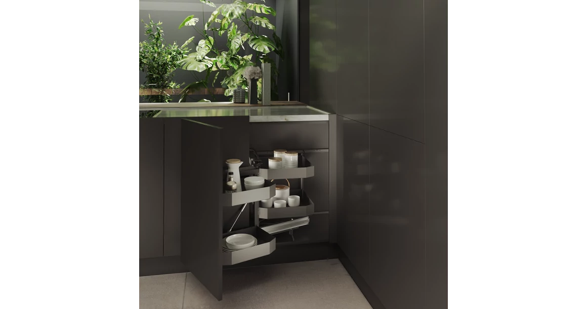 Kép 2/3 - Konyhai fémrács, sarokszekrénybe, részleges kihúzás, csillapított záródás, antracit, balos, 1200mm, 600mm ajtó szélesség, Sige PRO LINE 350