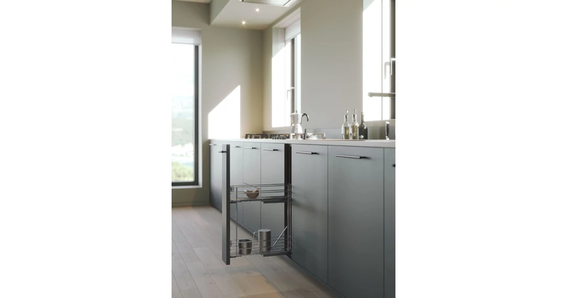 Kép 2/2 - Konyhai fémrács, 150mm, bal oldalra szerelhető, ezüst szürke, teljes kihúzás, csillapított záródás, rejtett fióksín, 2 kosár SIGE, Green Line 002