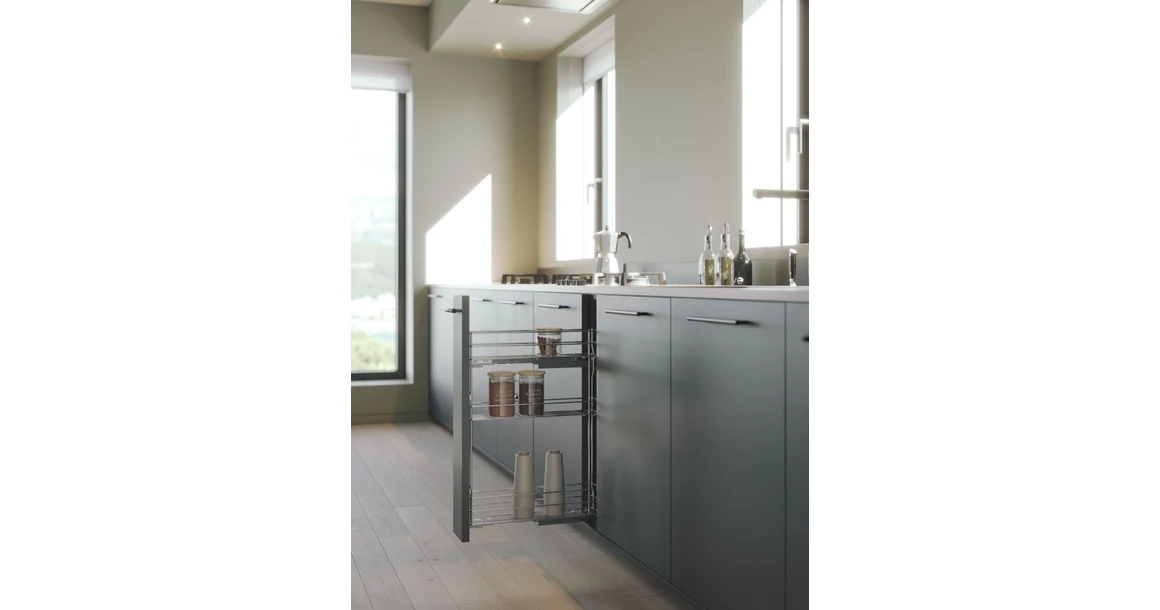 Kép 2/2 - Konyhai fémrács, 150mm, bal oldalra szerelhető, ezüst szürke, teljes kihúzás, csillapított záródás, rejtett fióksín, 3 kosár SIGE, Green Line 002