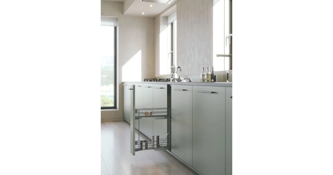 Kép 2/2 - Konyhai fémrács, 200mm, bal oldalra szerelhető, antracit, teljes kihúzás, csillapított záródás, rejtett fióksín, 2 kosár SIGE, Green Line 002