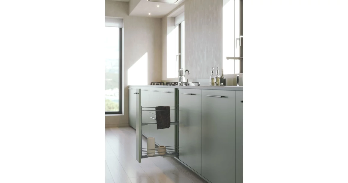 Kép 2/2 - Konyhai fémrács, 150mm, bal oldalra szerelhető, antracit, teljes kihúzás, csillapított záródás, rejtett fióksín, 1 kosár, konyharuha tartóval SIGE, Green Line 002