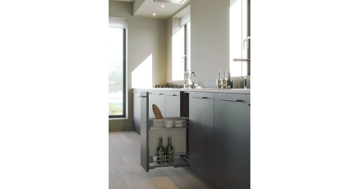 Kép 2/2 - Konyhai fémrács, 400mm, fenéklapra szerelhető, ezüst szürke, teljes kihúzás, csillapított záródás, rejtett fióksín, 2 kosár, textílzsákkal SIGE, Green Line 006