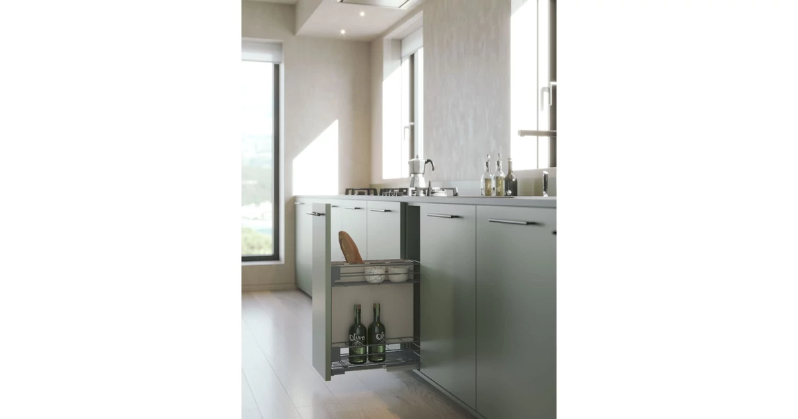 Kép 2/2 - Konyhai fémrács, 450mm, fenéklapra szerelhető, antracit, teljes kihúzás, csillapított záródás, rejtett fióksín, 2 kosár, textílzsákkal SIGE, Green Line 006