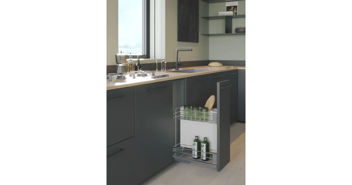 Kép 2/2 - Konyhai fémrács, 400mm, oldalra szerelhető, króm-fehér, teljes kihúzás, csillapított záródás, rejtett fióksín, 2 kosár, textílzsákkal SIGE, Green Line 007