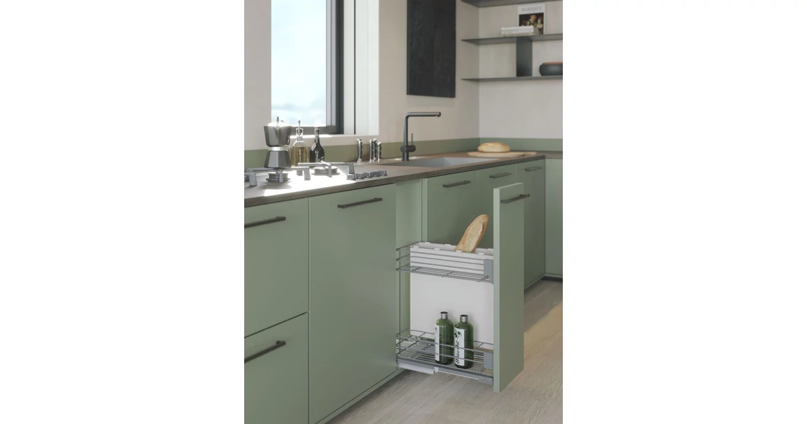 Kép 2/2 - Konyhai fémrács, 300mm, oldalra szerelhető, antracit, teljes kihúzás, csillapított záródás, rejtett fióksín, 2 kosár, textílzsákkal SIGE, Green Line 007