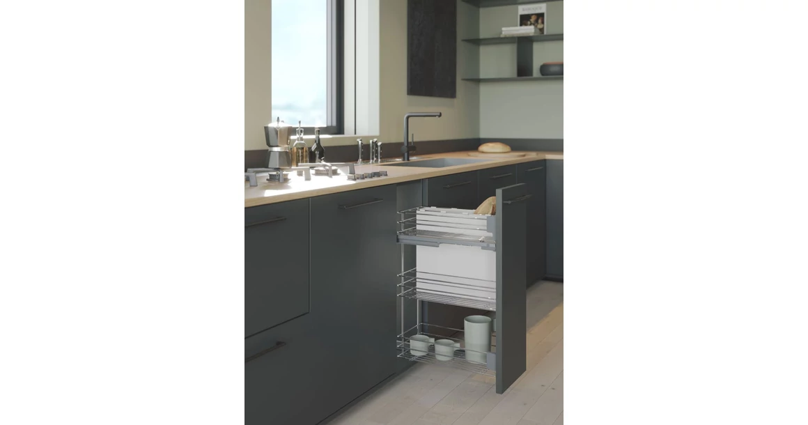 Kép 2/2 - Konyhai fémrács, 300mm, oldalra szerelhető, ezüst szürke, teljes kihúzás, csillapított záródás, rejtett fióksín, 3 kosár, textílzsákkal SIGE, Green Line 007