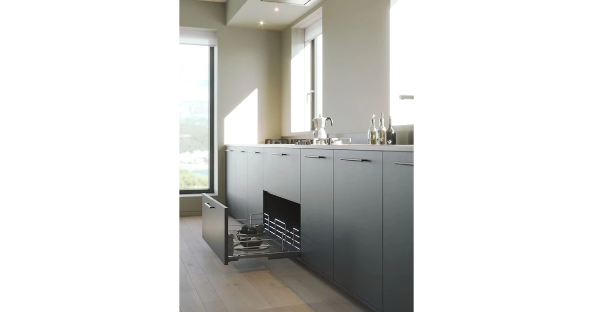 Kép 2/2 - Konyhai fémrács, 900mm, 220mm magas fiók, frontrögzítéssel, króm, teljes kihúzás, csillapított záródás, 30kg teherbírás, SIGE Green 116