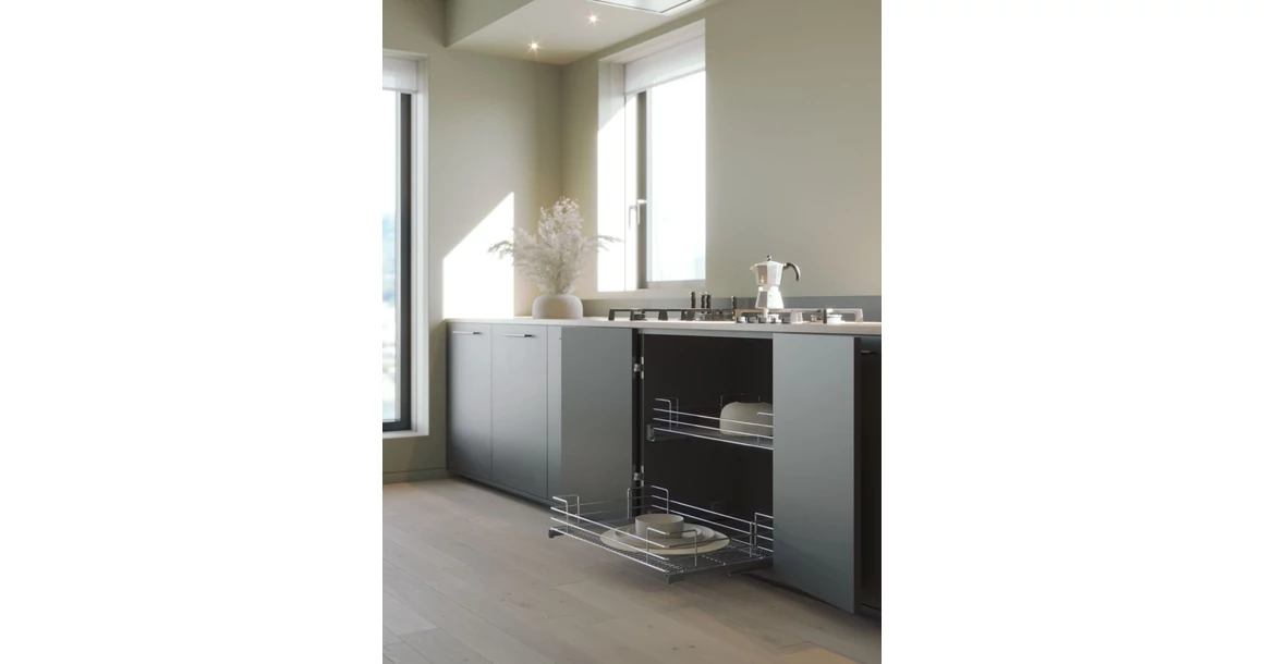 Kép 2/2 - Konyhai fémrács, 600mm, 220mm magas fiók, króm, teljes kihúzás, csillapított záródás, 30kg teherbírás, SIGE Green Line 119