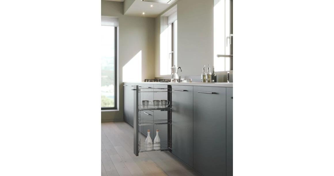 Kép 2/2 - Konyhai fémrács, 150mm, bal oldalra szerelhető, króm, teljes kihúzás, csillapított záródás, rejtett fióksín, 4 kosár SIGE, Green Line 249