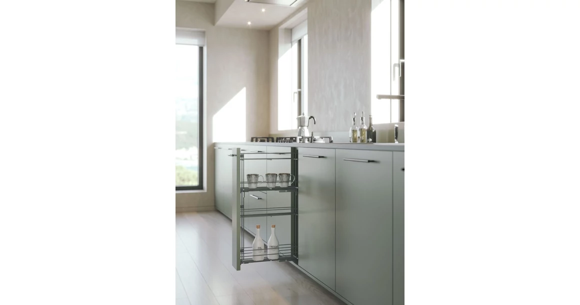 Kép 2/2 - Konyhai fémrács, 150mm, bal oldalra szerelhető, antracit, teljes kihúzás, csillapított záródás, rejtett fióksín, 4 kosár SIGE, Green Line 249