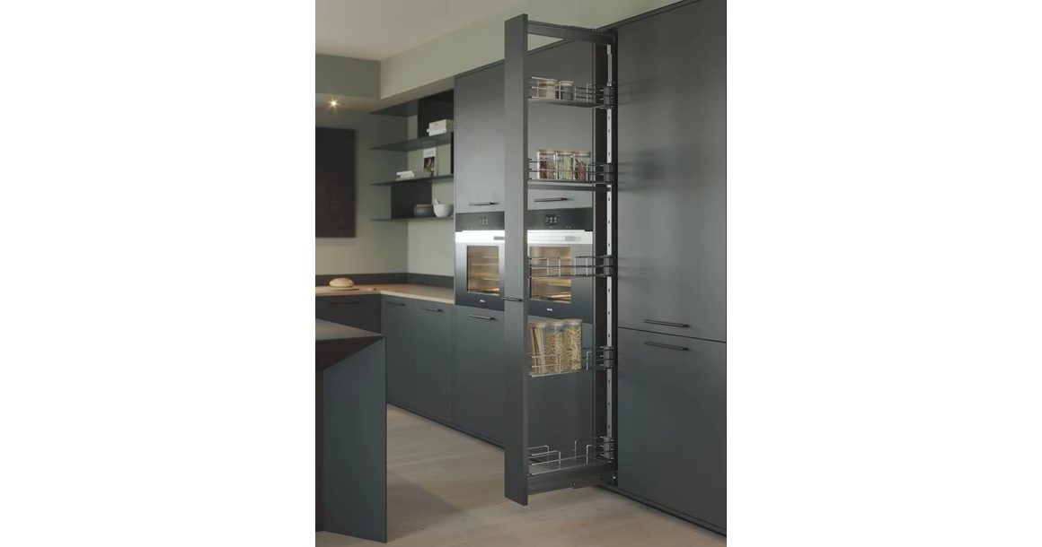 Kép 2/2 - Konyhai fémrács, kamravasalat, 200mm, ezüst szürke, teljes kihúzású, csillapított záródás, 1880-2180mm, 5 kosár SIGE, Green Line 258