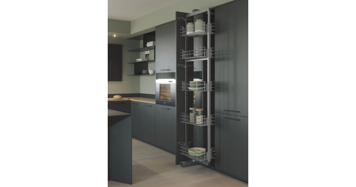 Kép 2/2 - Konyhai fémrács, kamravasalat, 300mm, ezüst szürke, teljes kihúzású, csillapított záródás, 1880-2180mm, 5 kosár SIGE, Green Line 265