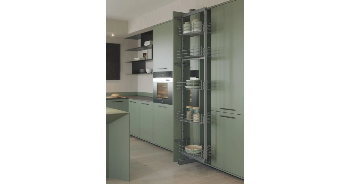 Kép 2/2 - Konyhai fémrács, kamravasalat, 300mm, ezüst szürke, teljes kihúzású, csillapított záródás, 1880-2180mm, 5 kosár SIGE, Green Line 265