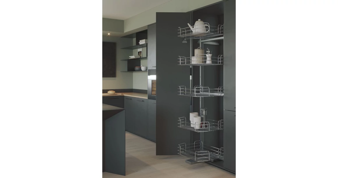 Kép 2/3 - Konyhai fémrács, kamravasalás, 300mm, ezüst szürke, részleges kihúzású, 5 kosár, nyíló ajtóhoz Greem Line 295