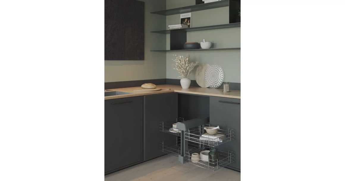 Kép 2/5 - Konyhai fémrács, sarokszekrénybe, teljes kihúzás, csillapított záródás, króm, univerzális, 1200mm, 600mm ajtó szélesség, Sige Green Line 340