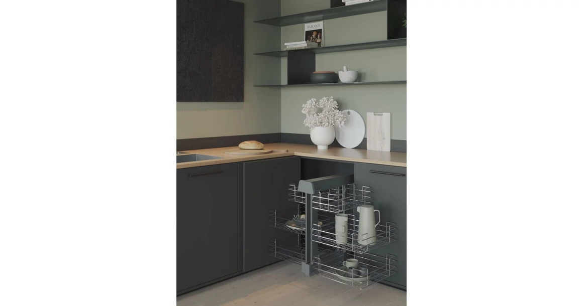 Kép 2/2 - Konyhai fémrács, sarokszekrénybe, teljes kihúzás, csillapított záródás, króm, univerzális, 1000mm, 500mm ajtó szélesség, Sige Green Line 340