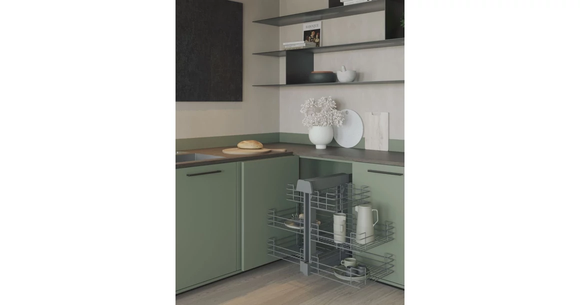 Kép 2/2 - Konyhai fémrács, sarokszekrénybe, teljes kihúzás, csillapított záródás, antracit, univerzális,  900mm, 450mm ajtó szélesség, Sige Green Line 340