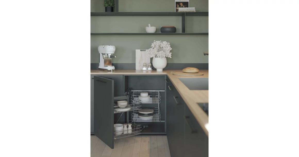 Kép 2/2 - Konyhai fémrács, sarokszekrénybe, részleges kihúzás, csillapított záródás, króm, balos, 1200mm, 600mm ajtó szélesség, SIGE Green Line 350