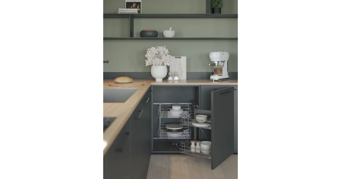 Kép 2/2 - Konyhai fémrács, sarokszekrénybe, részleges kihúzás, csillapított záródás, króm, jobbos,  900mm, 450mm ajtó szélesség, SIGE Green Line 350